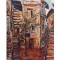 Vintage original oil on canvas painting.  Impressionist Urban Living. Sophisticated neutral hues.