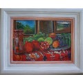 Original oil by H.Kruger - Vibrant still life with pomegranates - shabby chic frame - Lovely piece.