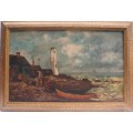 Antique seascape - gorgeous old oil painting of fishermans home and lighthouse - charming piece.