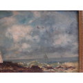 Antique seascape - gorgeous old oil painting of fishermans home and lighthouse - charming piece.