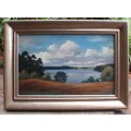 Classic orginal oil, Circa 1952. Gorgeous landscape in vintage frame - beautiful clouds.