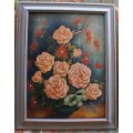 Vintage still life original oil by I.Jackson - exquisite coral roses in dove grey & gilt frame.