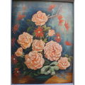Vintage still life original oil by I.Jackson - exquisite coral roses in dove grey & gilt frame.