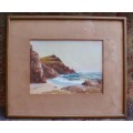 Vintage original watercolour, seascape.  Beautifully painted cove with lighthouse.