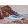 Vintage original watercolour, seascape.  Beautifully painted cove with lighthouse.