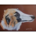 Vintage original doggy pawtrait signed P.M.Murray. Pastels framed behind non-reflective glass