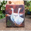 Original impressionist oil painting on canvas - cute little miniature of a farm scene with geese.
