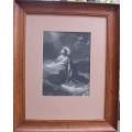 The Lord Jesus Christ praying in the Garden of Gethsemane. Vintage print of famous art in oak frame.