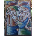 A pair of vintage Central African (Gabon) original oil paintings on canvas - see both. Artist signed