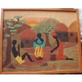 Vintage painting of African village life - signed J.Hamilton,1974 Stunning naive art in gouache.