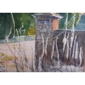 Chaming original Judy Shepley `Dew on Spider Webs`  Dawn at Sharsted Yews. English country home.
