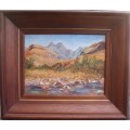 Vintage oil painting of South African  `Drakensberg` mountains. In fabulous large wooden frame.