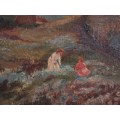Antique original oil painting. Charming Spring mountainscape with girls picking flowers - beautiful!