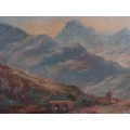 Antique original oil painting. Charming Spring mountainscape with girls picking flowers - beautiful!