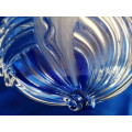 Striking heavy large clear glass bonbon dish with swirls of blue