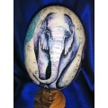 Stunning Big 5 decorated on a Ostrich egg on a wooden plinth