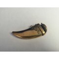 Circa 1890 Brass Vesta Case, or match case,chatelaine tusk shaped with a pig or boar on the lid #