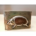 ANTIQUE REPOUSSE BRASS PIG LARGE MATCHBOX HOLDER- ENGRAVED `SCRATCH ME` #