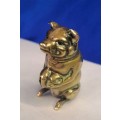 Antique Brass Figural Vesta Case - chatelaine Match Safe Pig Holding Bag of Money Go to Bed  #