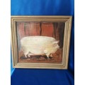 Vintage Painted Pig Picture on Wood  #