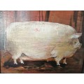 Vintage Painted Pig Picture on Wood  #