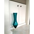 Mid Century Vintage Italian Hand Blown Glass Very Tall Blue - Green Vase on clear stem