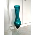 Mid Century Vintage Italian Hand Blown Glass Very Tall Blue - Green Vase on clear stem