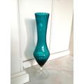 Mid Century Vintage Italian Hand Blown Glass Very Tall Blue - Green Vase on clear stem