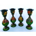 Four Paper Mache Candle Sticks, Hand-painted Floral Design, Made in Kashmir, Indi