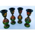 Four Paper Mache Candle Sticks, Hand-painted Floral Design, Made in Kashmir, Indi