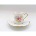 Aynsley Demitasse Cup and Saucer White with gold trim and pretty pink flowers