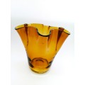 Large Amber glass vase has a unusual handkerchief shape