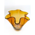 Large Amber glass vase has a unusual handkerchief shape