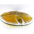 Large Round Amber and Clear Footed Glass Flower Cake Plate Platter