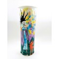 Japanese vibrant hexagonal tall vase decorated with figures