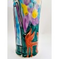 Japanese vibrant hexagonal tall vase decorated with figures