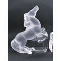 Pair of Lalique clear and frosted crystal Kazak rearing horse bookends designed by Marie-Claude