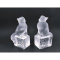 Pair of Lalique clear and frosted crystal Chat en Attente bookends designed by Marie-Claude Lalique
