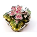 Jeweled Silver Trinket Box Flower with Frog Hand Set Swarovski Crystals & Enamel