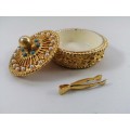 Gold plated trinket pill box by Mirella, faux pearls turquoise 1950s