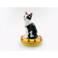 Limoges France LTD Hinged Trinket Box Black and White Cat sat on Cushion Peint Main Marque
