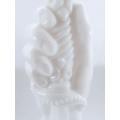 TALL RARE VINTAGE MID-CENTURY MILK GLASS GENIE DECANTER WITH A HAND AND DAGGER MOTIF