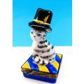 Limoges France Trinket Box Stripey Gray Cat with Hat sat on Cushion Peint Main Marque