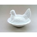 Vintage Large White Milk Glass Chicken on Nest covered dish