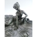 Art Nouveau French pewter dish of a seated maiden amongst lillies in a pond