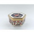 Vintage Royal Crown Derby English Bone China Hand Painted Imari Pattern 1298 Hexagonal Trinket Box