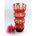 Striking red Kiriko cut glass vase from Japan