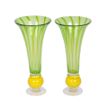 Pair of large stunning retro Art green and yellow glass tulip vases