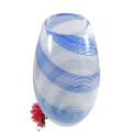 Striking large tall blown glass vase with delicate blue and white stripes
