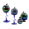 Seven Extremely Delicate Blue Iridescent Glass Wares, Including: Candle Holders, Vase, Bowl And Orbs